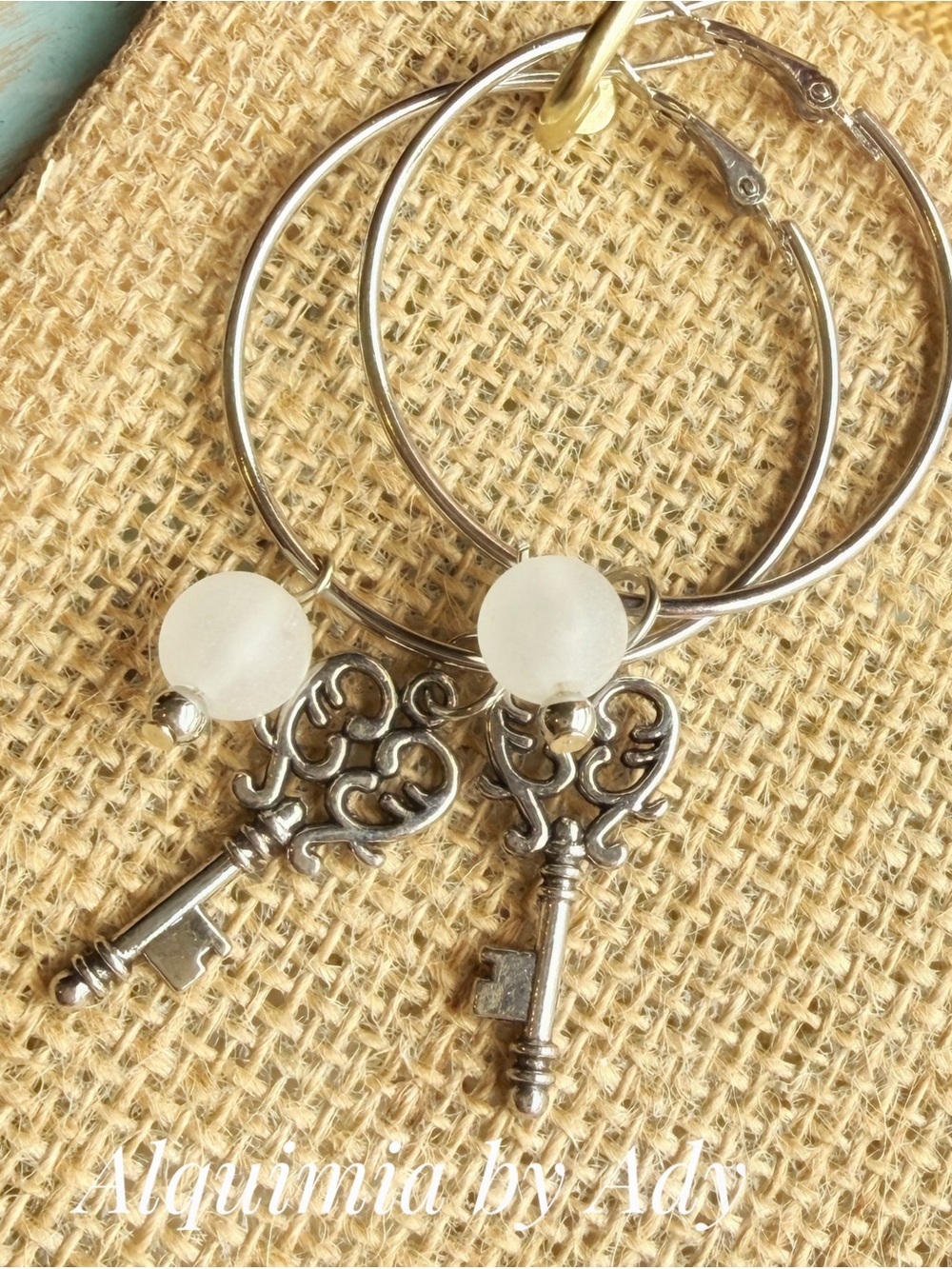 Shoulder duster SELENITE Silver Key Hoop Earrings with Frosted White Bead